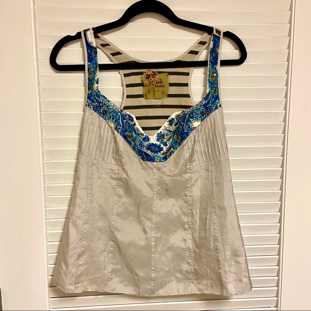 Free People - Silk Razorback Tank with Blue Trim